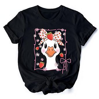 Coquette Goose with Strawberry Bow T-Shirt, Navy, Cute Tee