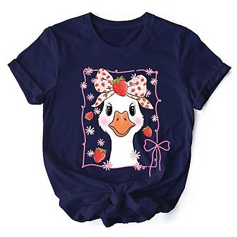 Coquette Goose with Strawberry Bow T-Shirt, Navy, Cute Tee