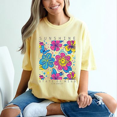 S.W.Smiley Sunshine State of Mind Floral - Women's Garment Dyed Graphic T-Shirt