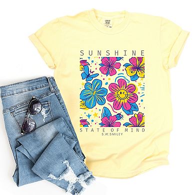 S.W.Smiley Sunshine State of Mind Floral - Women's Garment Dyed Graphic T-Shirt