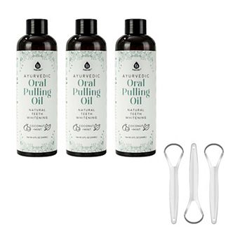 Pursonic Ayurvedic Oral Pulling Oil Bundle 3-Pack with Tongue Scrapers for Natural Teeth Whitening