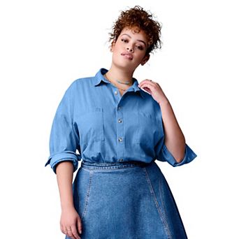 June + Vie Women's Plus Size Chambray Blouse