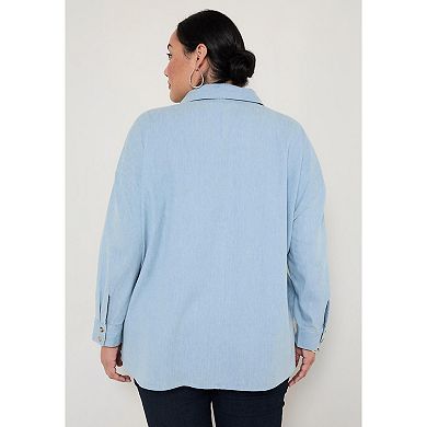 June + Vie Women's Plus Size Chambray Blouse
