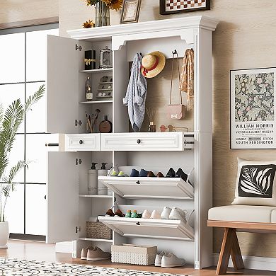 Merax Hall Tree with Integrated Shoe Cabinet and Mirrored Cabinet Door