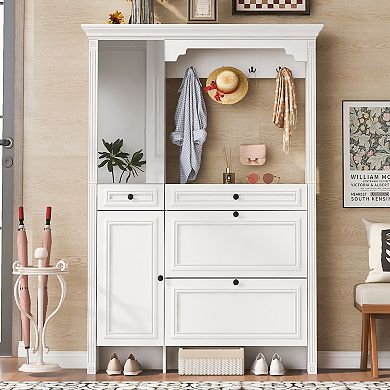 Merax Hall Tree with Integrated Shoe Cabinet and Mirrored Cabinet Door