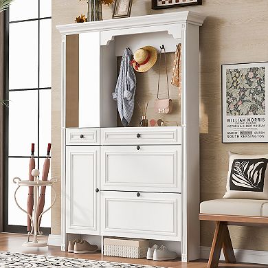 Merax Hall Tree with Integrated Shoe Cabinet and Mirrored Cabinet Door