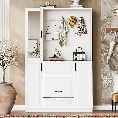 Merax 51.1'' Entryway Bench with Integrated Shoe Cabinet , 3-in-1 Design and Mirrored Cabinet