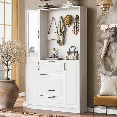 Merax 51.1'' Entryway Bench with Integrated Shoe Cabinet , 3-in-1 Design and Mirrored Cabinet