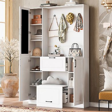 Merax 51.1'' Entryway Bench with Integrated Shoe Cabinet , 3-in-1 Design and Mirrored Cabinet