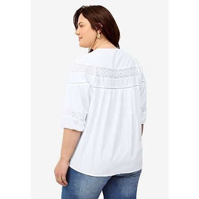 ellos Plus Size Keyhole Neck Blouse With Crochet Trim