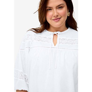 Ellos Plus Size Keyhole Neck Blouse With Crochet Trim