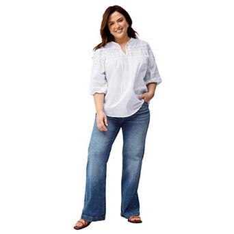 Ellos Plus Size Keyhole Neck Blouse With Crochet Trim