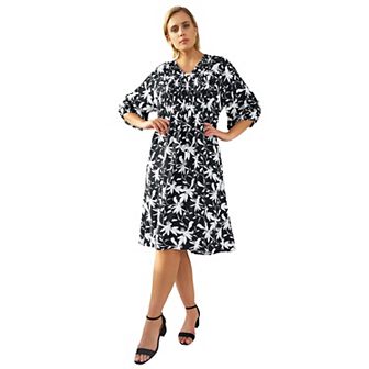 ellos Plus Size V-Neck A-Line Dress With Smocked Bodice
