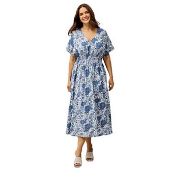 ellos Plus Size V-Neck Elastic Waist Midi Dress