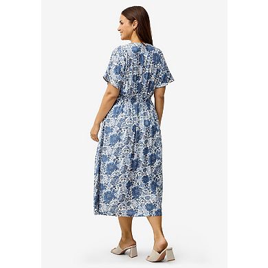 ellos Plus Size V-Neck Elastic Waist Midi Dress