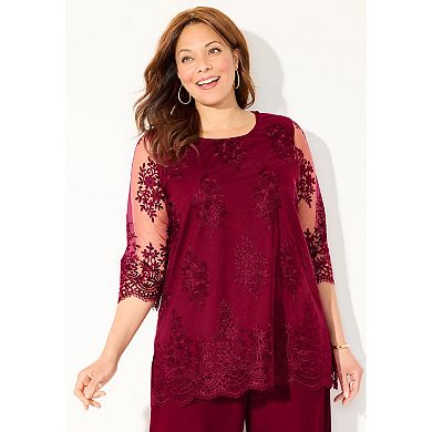 Catherines Women's Plus Size Embroidered Mesh Blouse