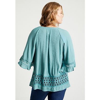 June + Vie Women's Plus Size Lace-Trimmed Boho Blouse