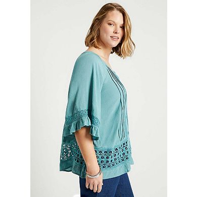 June & Vie Women's Plus Size Lace-Trimmed Boho Blouse