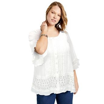 June + Vie Women's Plus Size Lace-Trimmed Boho Blouse