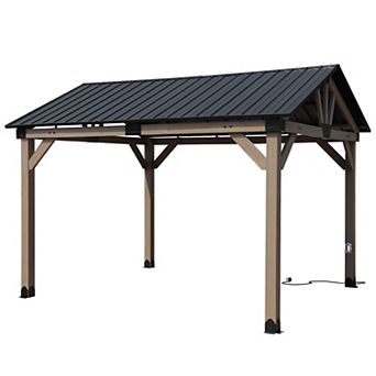 Aoodor 10 x 12 ft Wooden Frame Gazebo with Galvanized Metal Hardtop Roof, with Charging Socket