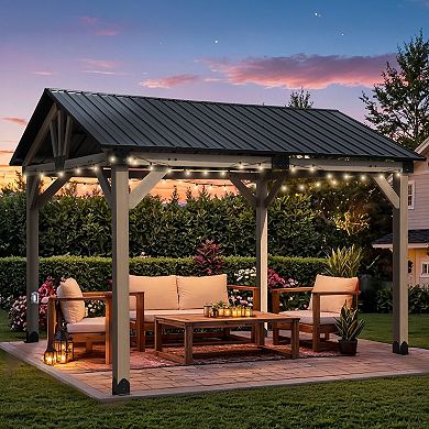 Aoodor 10 x 12 ft Wooden Frame Gazebo with Galvanized Metal Hardtop Roof, with Charging Socket