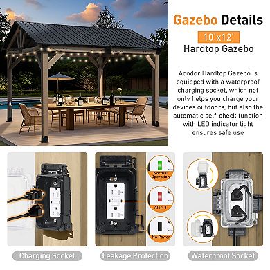 Aoodor 10 x 12 ft Wooden Frame Gazebo with Galvanized Metal Hardtop Roof, with Charging Socket