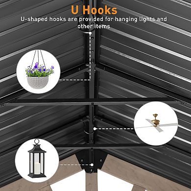 Aoodor 10 x 12 ft Wooden Frame Gazebo with Galvanized Metal Hardtop Roof, with Charging Socket