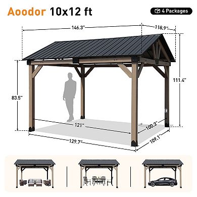 Aoodor 10 x 12 ft Wooden Frame Gazebo with Galvanized Metal Hardtop Roof, with Charging Socket