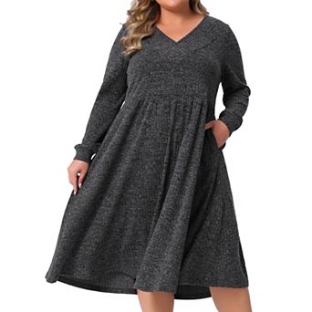 Plus Size Sweater Dresses for Women V Neck Long Sleeve Ribbed Knit Elegant A Line Dress with Pockets