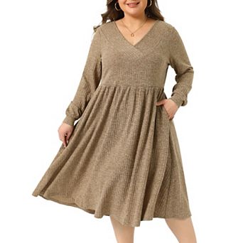 Plus Size Sweater Dresses for Women V Neck Long Sleeve Ribbed Knit Elegant A Line Dress with Pockets