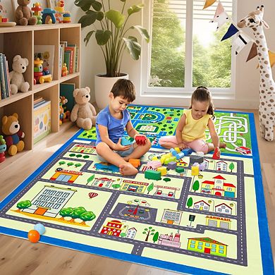 Garvee Washable Colorful Street Pattern Area Rug for Kids'Room Pet Friendly Non Slip Carpet