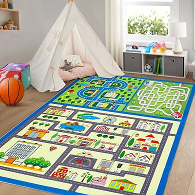 Garvee Washable Colorful Street Pattern Area Rug for Kids'Room Pet Friendly Non Slip Carpet