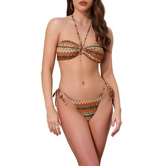 Women's Colorblock Stripes Ripple Pattern Bikini Sets, 2 pc Halter Top Triangle Bottom Swimwear