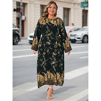 Plus Size Boho Dress for Women Crew Neck Long Sleeve with Belt Flowy Vintage Maxi Dresses