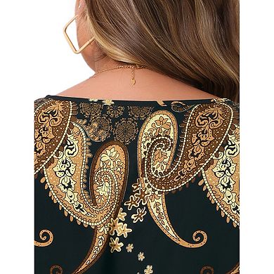 Plus Size Boho Dress for Women Crew Neck Long Sleeve with Belt Flowy Vintage Maxi Dresses