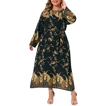 Plus Size Boho Dress for Women Crew Neck Long Sleeve with Belt Flowy Vintage Maxi Dresses