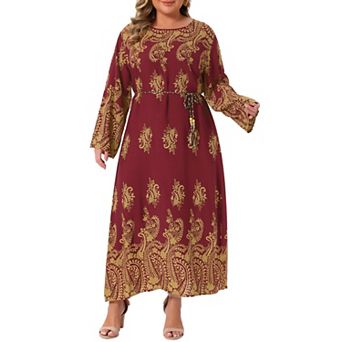 Plus Size Boho Dress for Women Crew Neck Long Sleeve with Belt Flowy Vintage Maxi Dresses