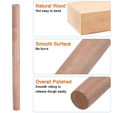 Rolling Pin 15.7"x1.1" Cylindrical Smooth Non-Stick Beech Wood Kitchen Roller Rolling Pins