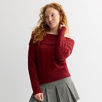 Juniors' madden girl Long Sleeve Fold Over Off Shoulder Sweater