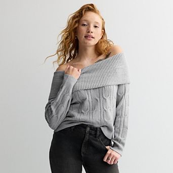 Juniors' madden girl Long Sleeve Fold Over Off Shoulder Sweater