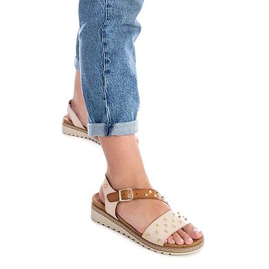 Women's Wedge Sandals With Gold Studs, Beige 14133004
