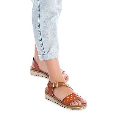 Women's Wedge Sandals With Gold Studs, Medium Brown 14133002