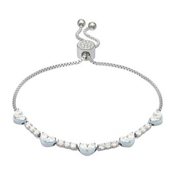 Brilliance Fine Silver Plated Blue Enamel & Cubic Zirconia Hearts Adjustable Bracelet