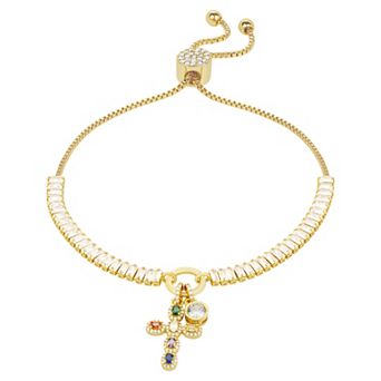 Brilliance 18k Gold Flash Plated Multi Color Cubic Zirconia Cross Charms Adjustable Bracelet