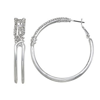 Nine West Silver Tone Pave Hoop Earrings