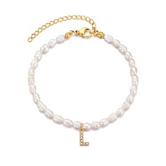 Adornia 14k Gold Plated Freshwater Cultured Pearl Pave Initial Bracelet
