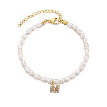 Adornia 14k Gold Plated Freshwater Cultured Pearl Pave Initial Bracelet