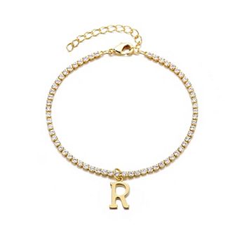 Adornia 14k Gold Plated Initial Charm Crystal Tennis Bracelet
