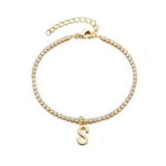 Adornia 14k Gold Plated Initial Charm Crystal Tennis Bracelet
