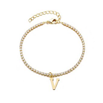 Adornia 14k Gold Plated Initial Charm Crystal Tennis Bracelet
